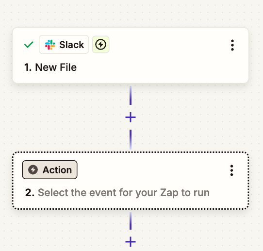 Zapier editor showing a Slack "new file" trigger connected to the Speechmatics Get Transcript from Audio action
