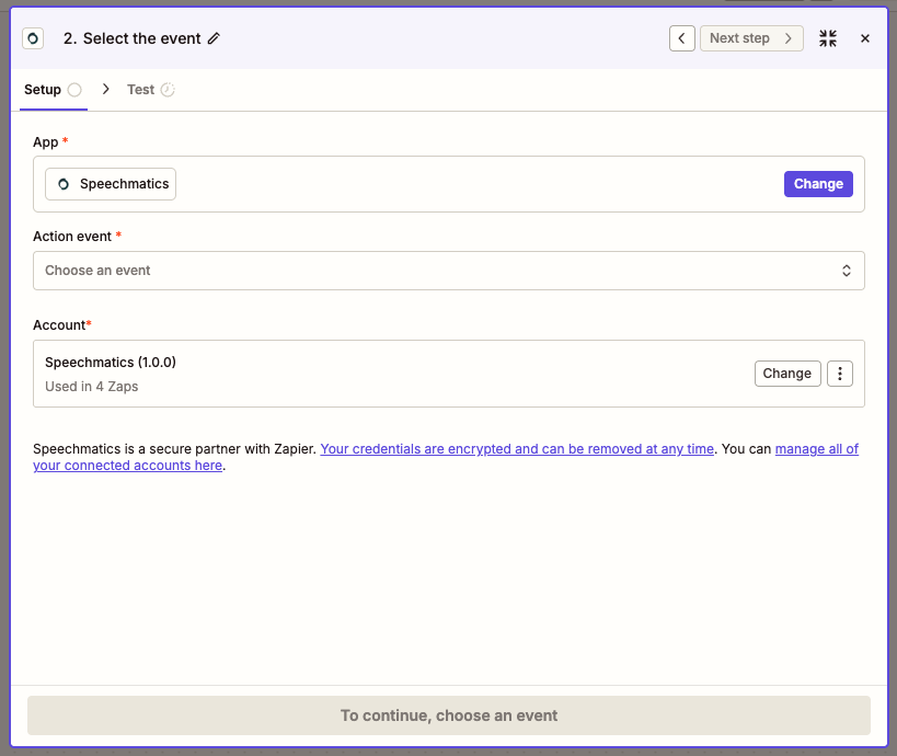 Zapier editor showing the Speechmatics app menu with the two available actions