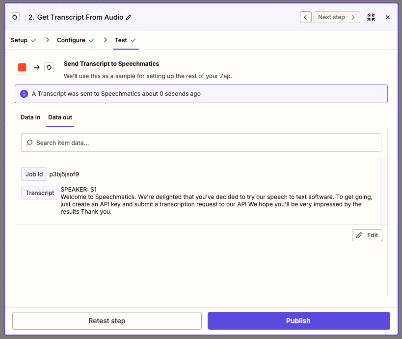 Zapier editor showing a successful Test Step result for the Speechmatics Get Transcript from Audio action